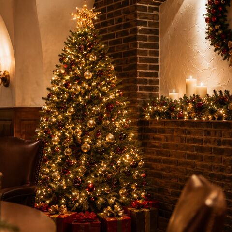 Geschmückter Christbaum mit Geschenken vor der Backsteinwand im Gewölbekeller der Taverne, Platz für den Wichtel-Tisch
