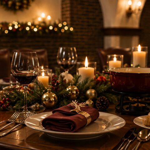 Gedeck mit Caquelon, Brotwürfeln und Kartoffeln beim Weihnachtsessen in der Taverne bei Zürich, Kerzen und Tannengrün auf dem Tisch