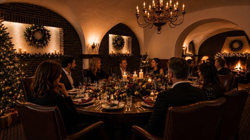 Firmen-Weihnachtsessen im Gewölbekeller der Taverne bei Zürich: Gäste an der festlich gedeckten Tafel, Kerzenleuchter und offenes Cheminée